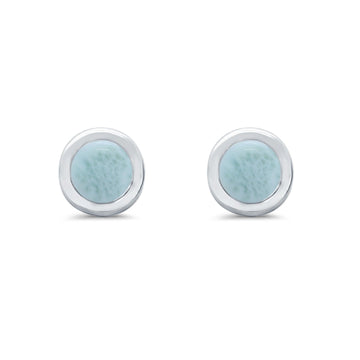 Solitaire Bezel Stud Earrings Round Natural Larimar 925 Sterling Silver(0.25mm)
